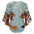 thumbnail image 6 of Two Tigers Facing Blossom Branch Women's V-Neck Blouse With 3/4 Ruffled Bell Sleeves Casual Top Ladies Blouses, 6 of 7