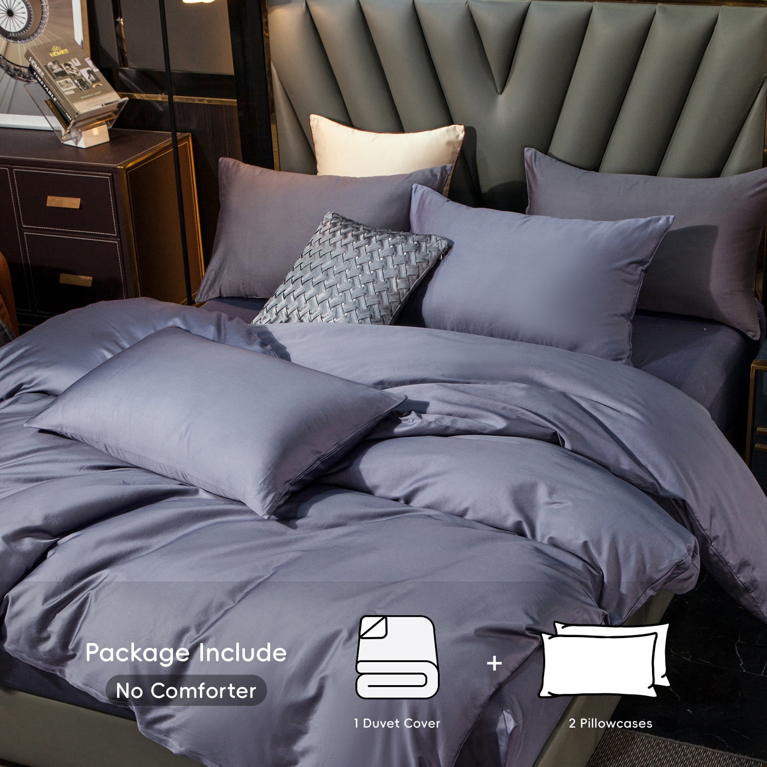MooMee Duvet Cover Set Queen 600-TC 100% Extra Long-Staple Cotton Sateen Silky Smooth Luxury (Blueish Grey)