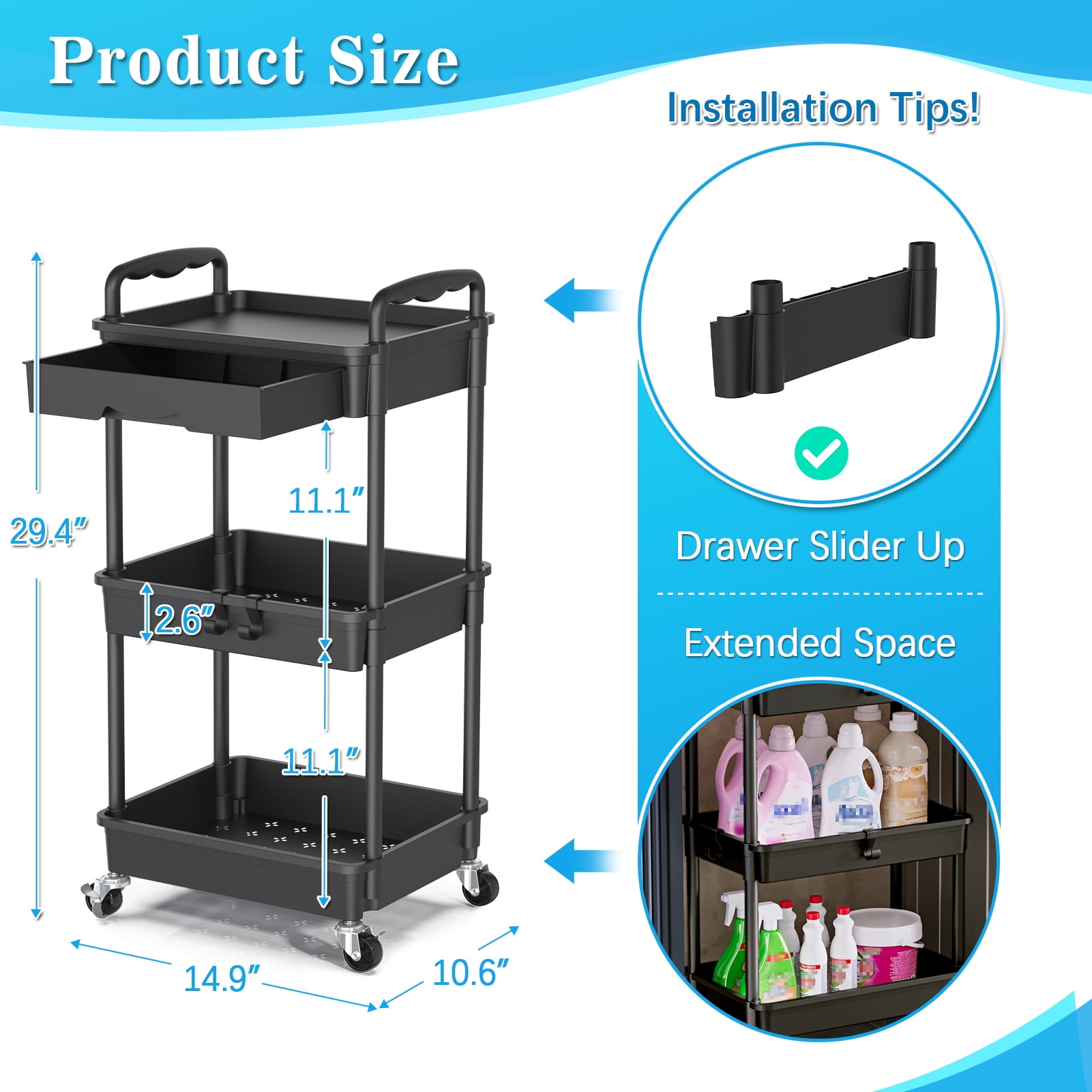 3 Tier Rolling Utility Cart with Removable Drawer, Bathroom Storage Organizer with 2 Lockable Wheels, Mobile Shelving Unit for Kitchen, Office, Snack, Craft, Makeup, Baby Essentials, Black