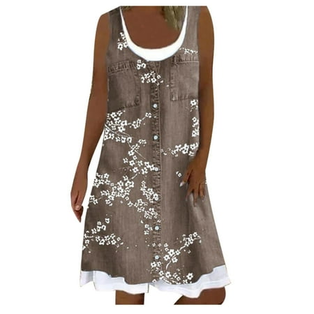 

Fake Two Piece Mini Denim Tank Dress for Women Sleeveless Retro Floral Beach Coer Up Dress Summer Boho Flowy Dress