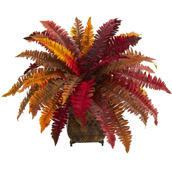 Nearly Natural 18" Autumn Boston Fern Artificial Plant in Metal Planter, Multicolor