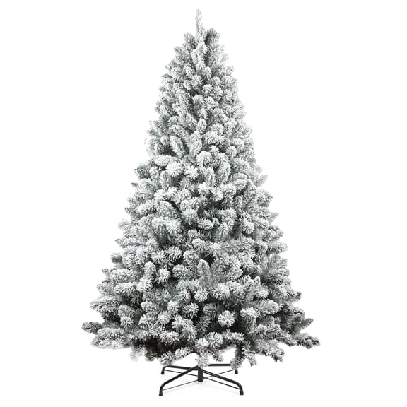 7FT Artificial Snow Flocked Christmas Tree, Unlit Artificial Christmas Pine Tree with 800 Branch Snow Tips and Metal Stand, Holiday Xmas Pine Tree for Indoor Outdoor Home Office Party Decoration