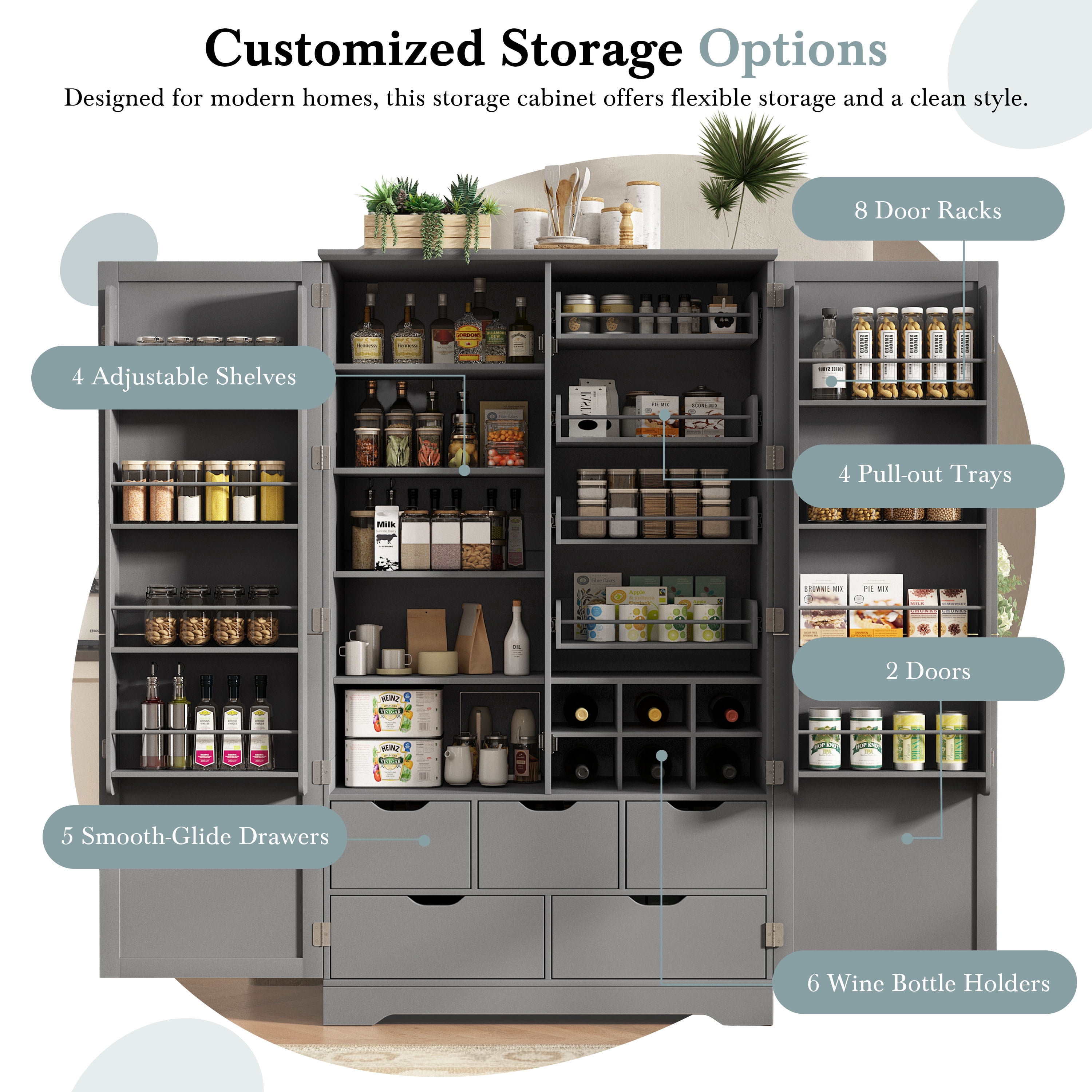 Mintazer 72" Tall Freestanding Kitchen Pantry Cabinet with 5 Drawers, Adjustable Shelves, Pull‑Out Trays & Door Storage Racks for Kitchen Dining Room Living Room, White