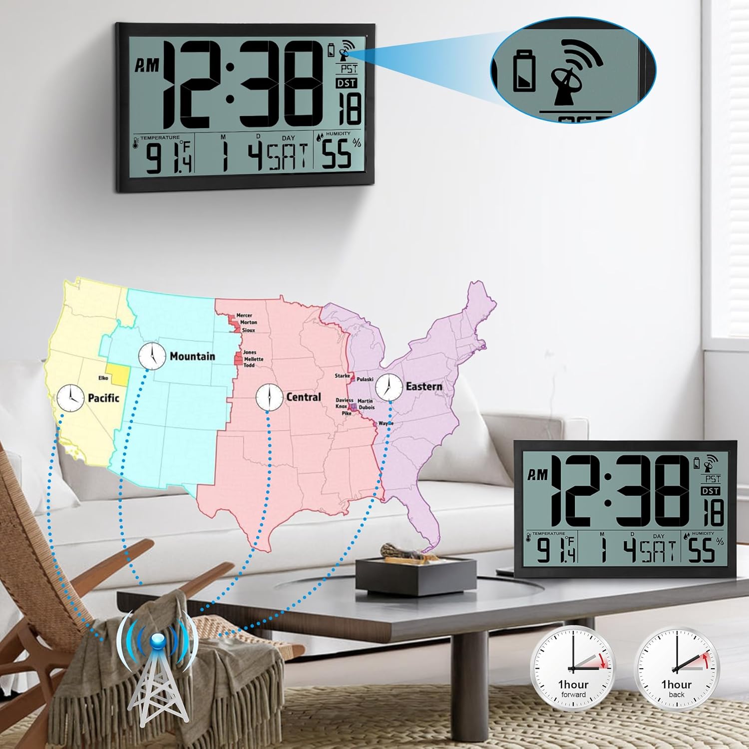 16.7 Inch Large Digital Atomic Wall Clock with Calendar Temperature Humidity Indoor Display Battery Operated Auto Setting for Bedroom Office Classroom