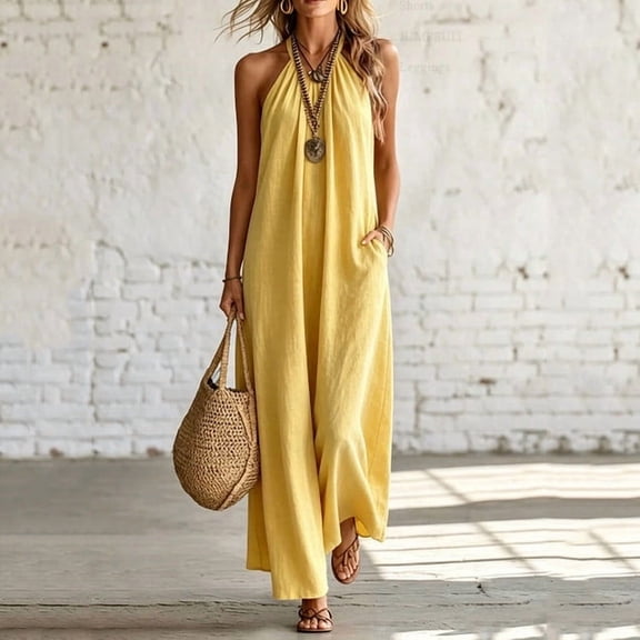 Elvqul Round Neck Dresses for Women Pullover Sleeveless Dresses Long Cami Summer Womens Dresses