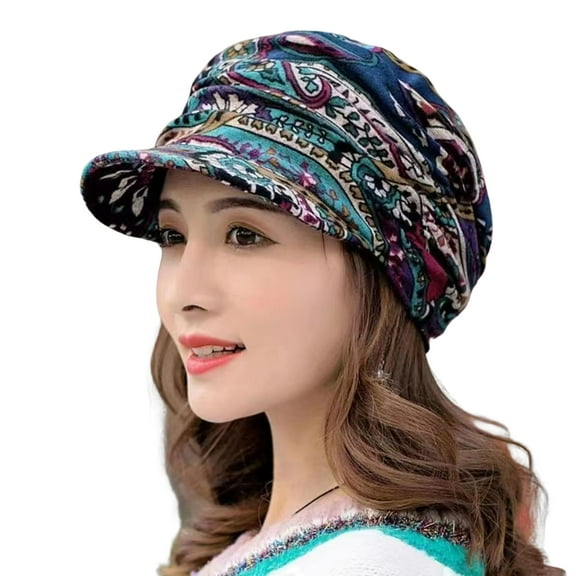 Short Brim Warm Foldable Earflap Women Cap Ethnic Style Floral Print Autumn Winter Hat Daily Clothing,Dark Blue