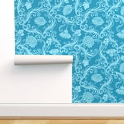 Removable Water-Activated Wallpaper Blue Rococo Flowers Floral Decorative Arts