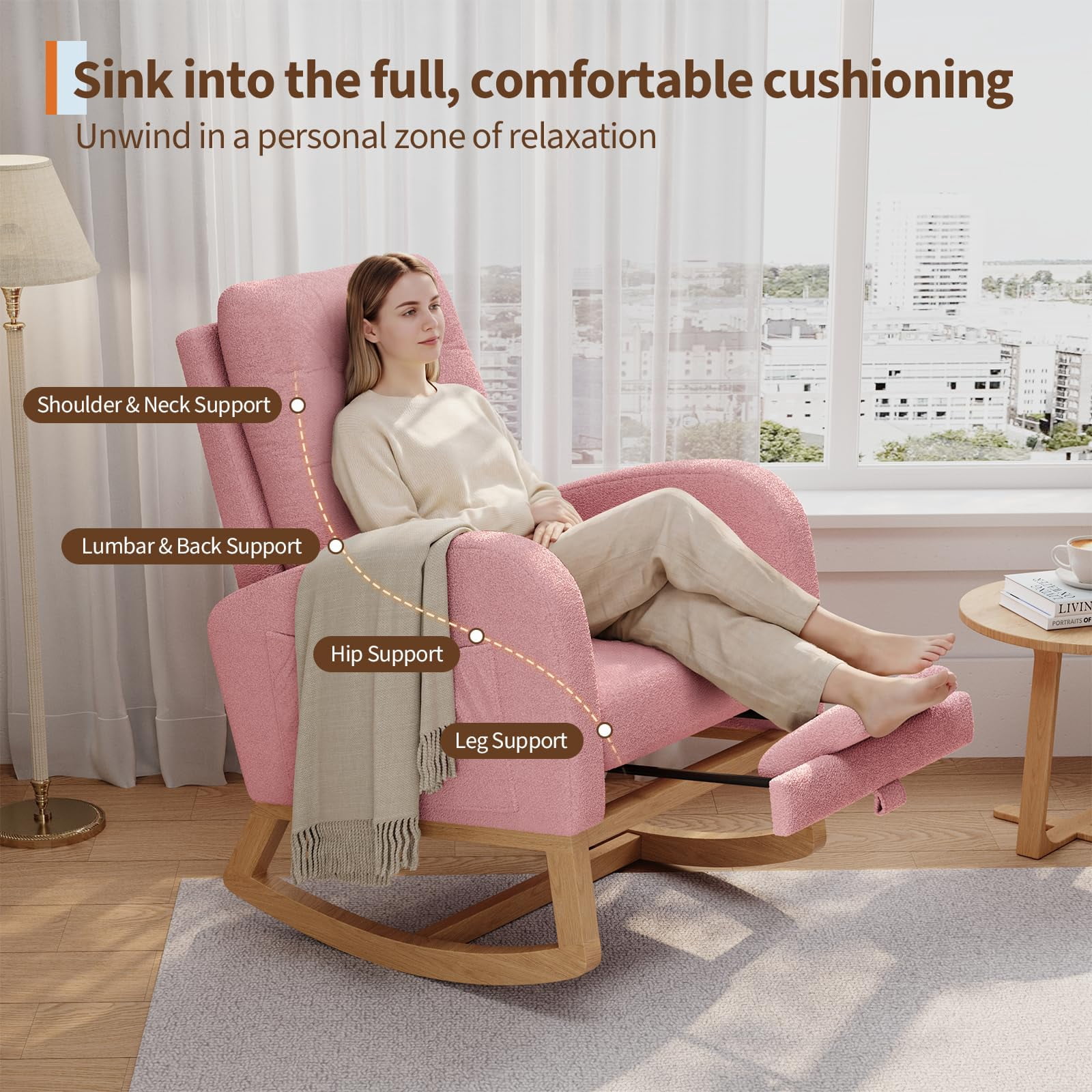 PYY Lambskin Rocking Chair with Adjustable Footrest – High Backrest, Ergonomic Boucle Upholstery, Sturdy Wooden Legs, Side Pocket – Glider Recliner for Living Room, Pink Lambskin with Footrests