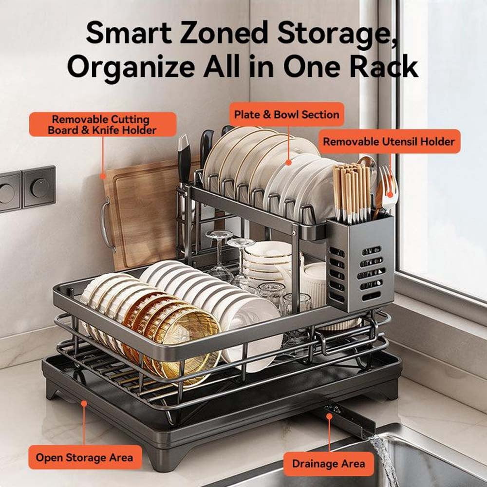 Foldable Over Sink Dish Drying Rack, Pull-Out 2-Tier Dish Drainer with Utensil Holder, Space Saving Kitchen Organizer for Small Kitchens