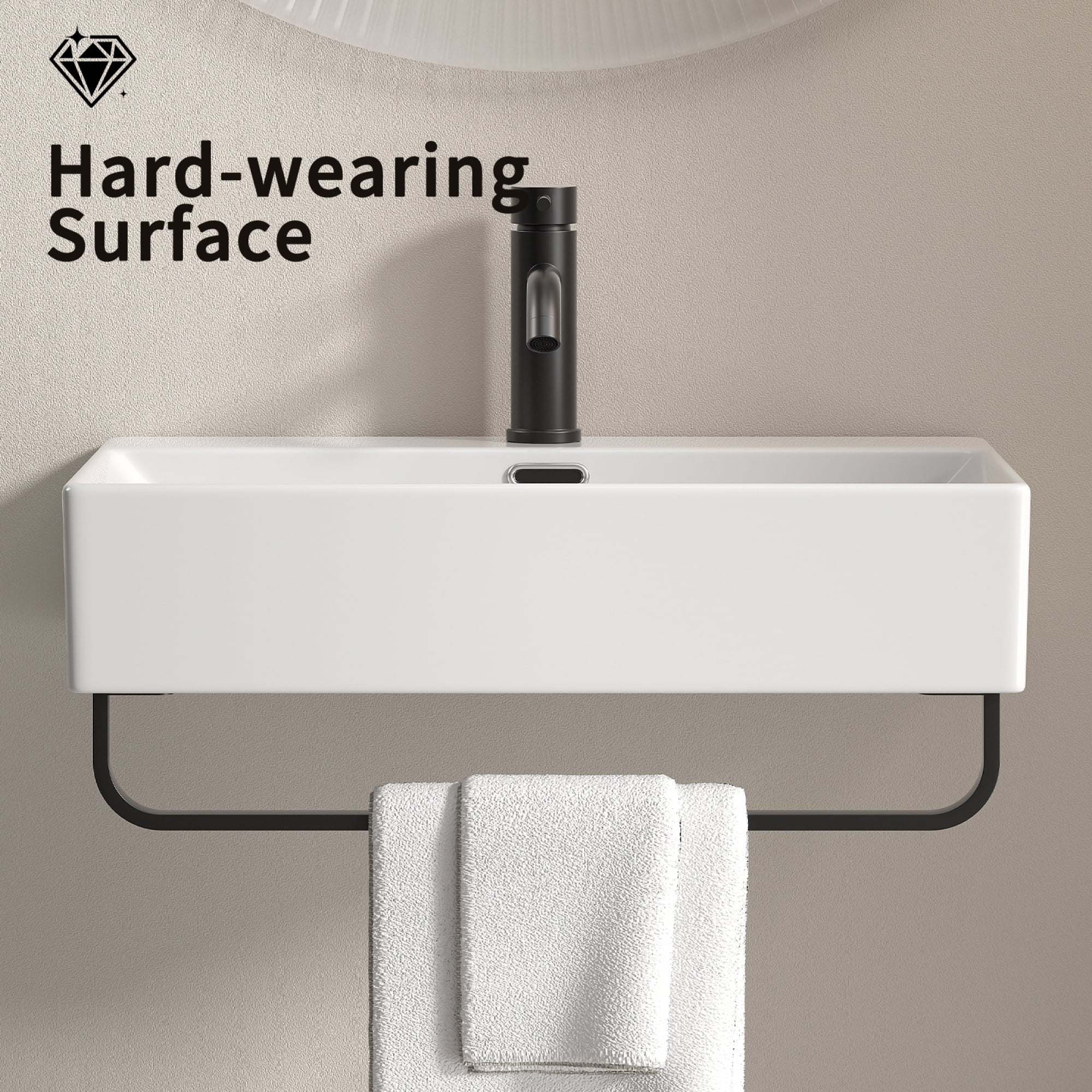 Leumius 23.63" x 14.18" White Ceramic Bathroom Sink with Towel Rack,Bathroom Vessel Sink Wall Mount Basin Vanity Sink