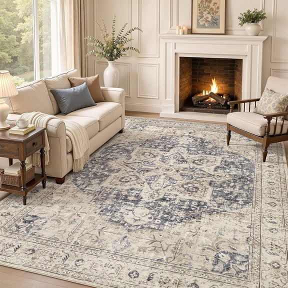 8 ft x 10 ft Washable Low Pile Vintage Medallion Area Rug in Cream and Blue