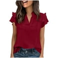 thumbnail image 2 of Htigea Women Summer V-Neck Tops Ruffle Short Sleeve T Shirts Casual Dressy Office Business Blouse Wine XL, 2 of 7