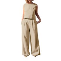 vigerkar Women's Summer 2 Piece Outfits Sleeveless Crop Top Capri Wide Leg Pants Jumpsuit Linen Lounge Beach Travel Sets Khaki, XXL