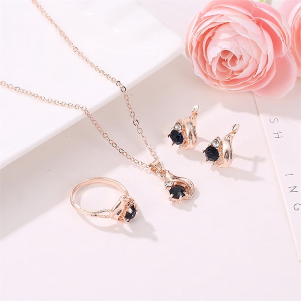HomeKingdee Temperament Drop Earring Necklace Ring Elegant Three-Piece Jewelry Set - Alloy Plated Glass for Women Fashion Gift
