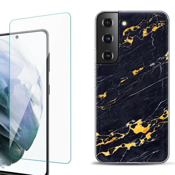 Slim-Fit Fashion Gel Phone Case for Samsung Galaxy S22  5G / S22 Plus 5G, with Tempered Glass Screen Protector, by OneToughShield ® - Marble / Lava