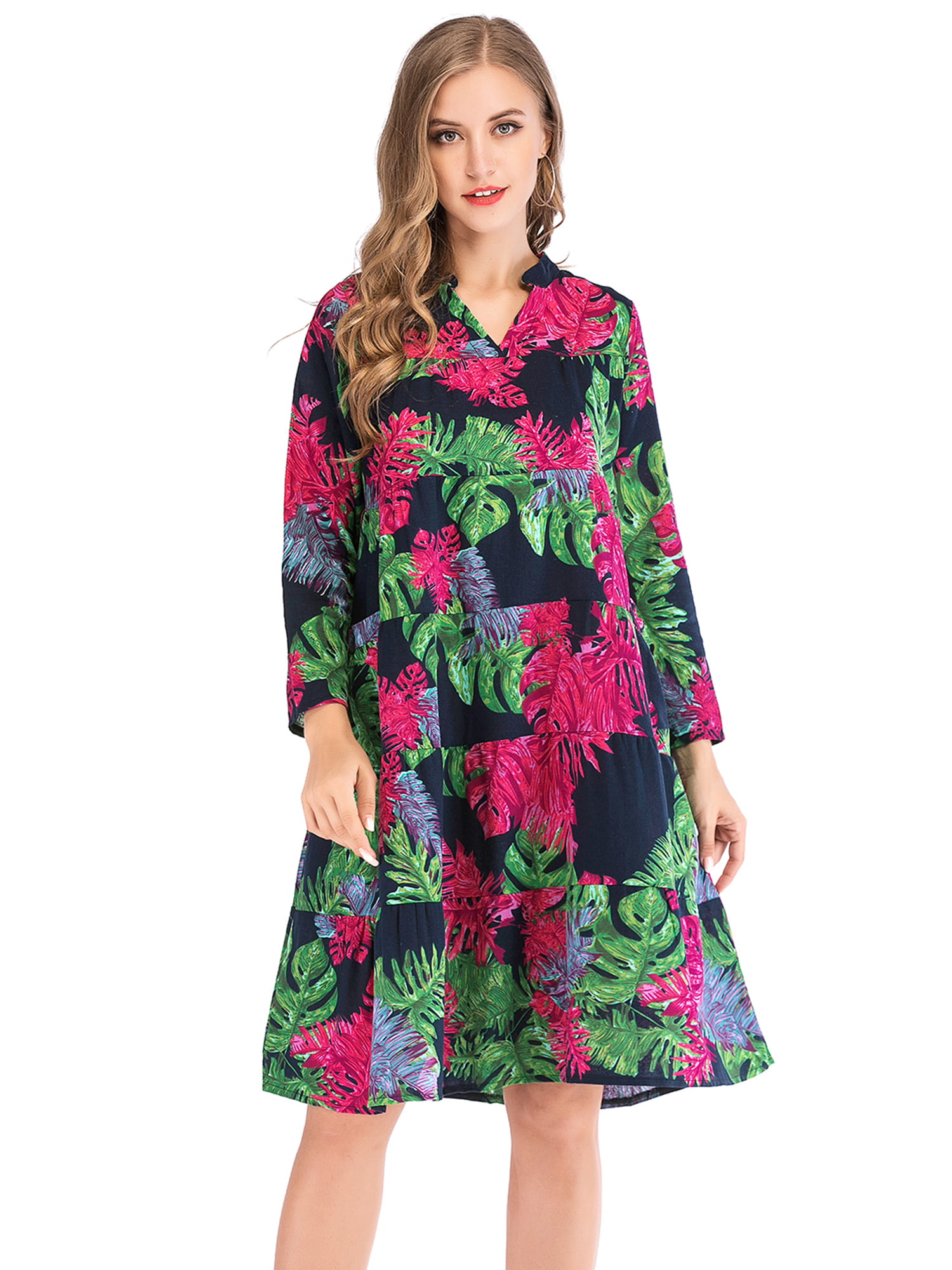 Onefa Womens Bohemian Plus Size Dress Vintage Print Sleeveless V Neck Casual Maxi Dress Gray, M