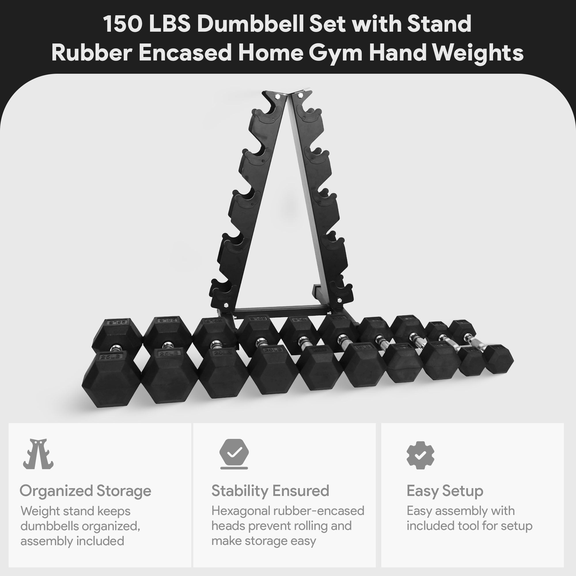BalanceFrom 150 lb Rubber Coated Iron Dumbbell Hex Weights Set with A-Frame Rack, Black