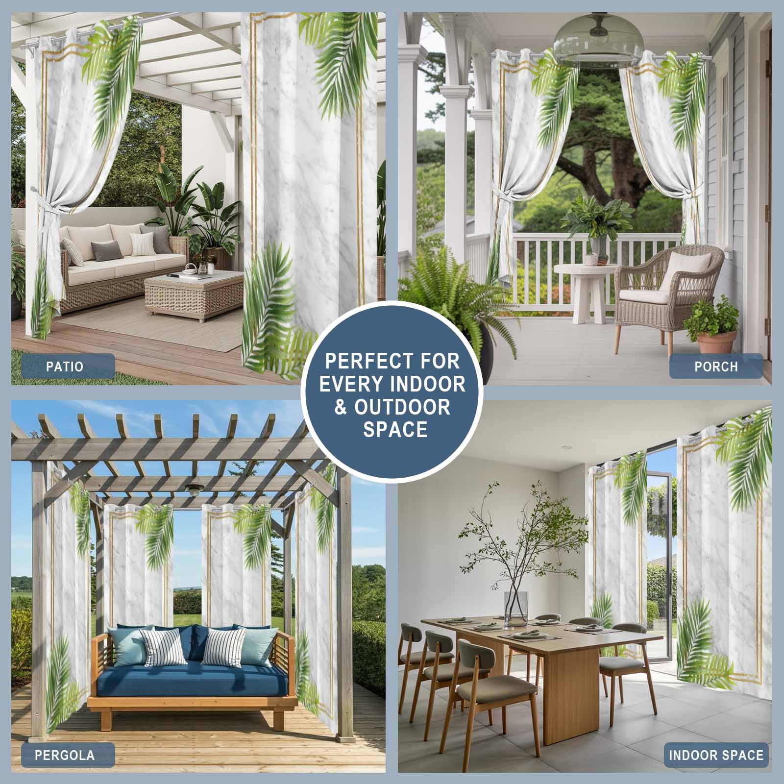 Tropical Palm Leaves Outdoor Curtains for Patio, Nature Coastal Summer Marble Sunshade Privacy Drapes Grommet Waterproof Outside Curtains for Porch/Cabana/Balcony 54"x 108", 1 Panel
