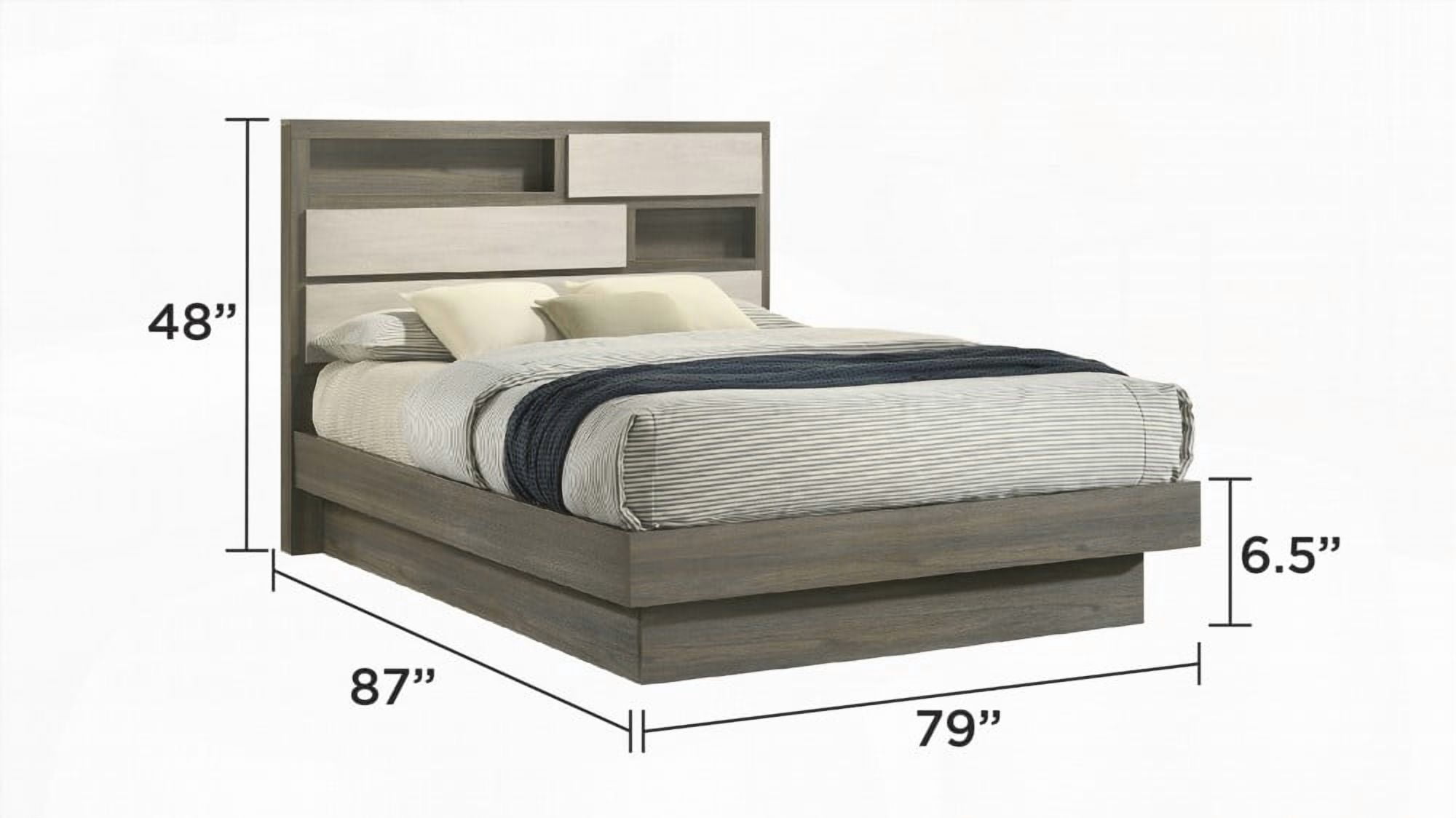 Modern King Bed Made of Wood in Beige & Brown with Two-Tone Headboard