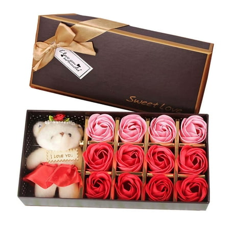 

wendunide home decor 12 Gift Rose Gift Day Valentine s Flower Small Gift Soap Bear Box Gift Home DecorArtificial flowers Red