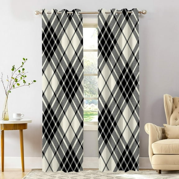 Black White Black White Blackout Window Curtains, Black White Plaid Diagonal Fabric Thermal Insulated Curtains Grommet Top Window Drapes for Living Room, Bedroom 26"W x 45"L (Pack of 2)