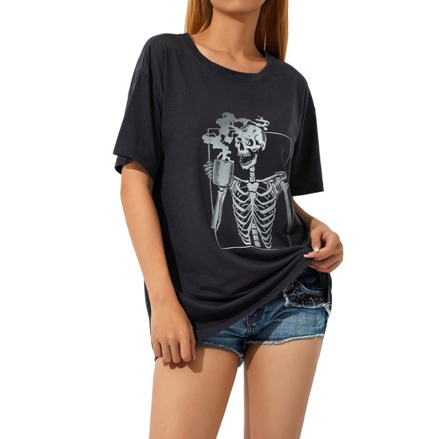 TRKIYQC Camiseta Vintage para Mujer, Jersey de Cuello Redondo de Manga Corta con Estampado de Esqueleto/Luna para Adultos TRKIYQC casual