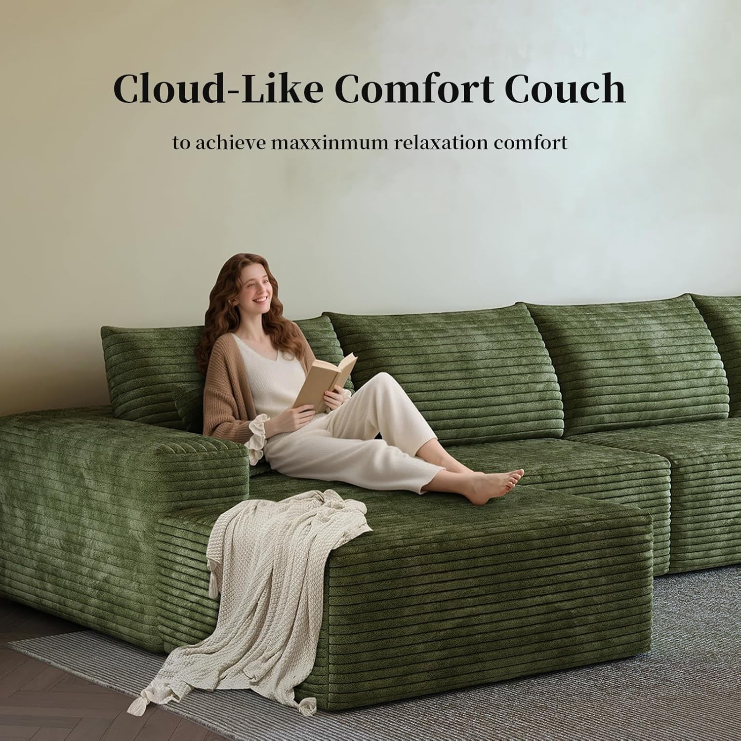 Sailvan 135" Cloud Sectional Couch, Cloudy Sofa with L-Shape Chaise, Upholstered Couches for Living Room & Bedroom, No Assembly Required, Plush Corduroy Fabric, Green