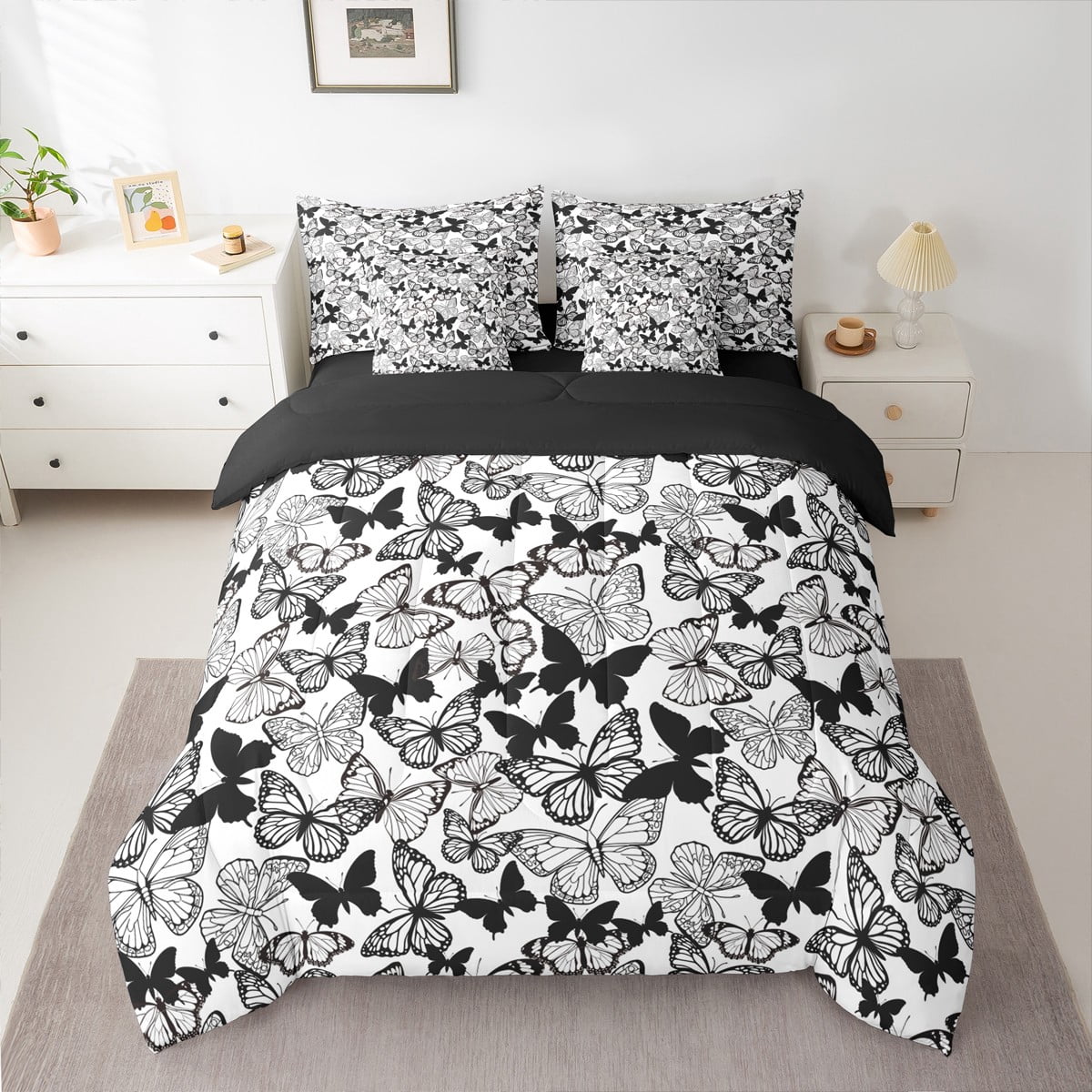 Homewish Flying Butterflies 7pcs Bedding Comforter Set for Boys Girls,Black White Queen Bedding Sets Super Cozy,Retro Vintage Queen Sheet Sets,Breathable Home Decor,Reversible