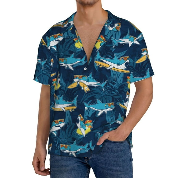 Logiee Cartoon Surfer Sharks Print Men's Button Down Shirts Short Sleeve, Summer Beach Shirts,Vacation Wedding Shirts,Men's Casual Button-Down Shirts with Pocket-Small