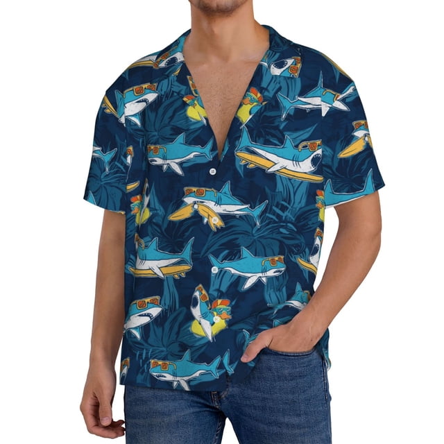 Balery Cartoon Surfer Sharks Camisa Casual de Manga Corta con Botones para Hombre, Texturizada, Estilo Cubano, para Playa, Verano-4X-Large