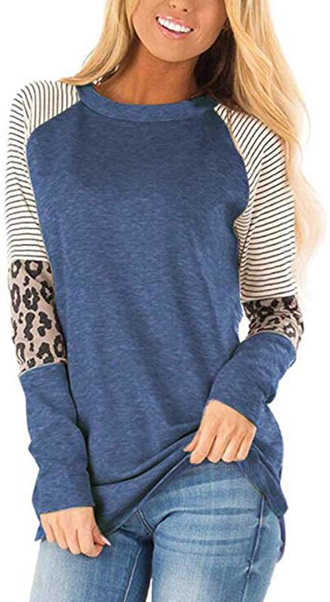 II ININ Women’s Leopard Print Color Block Crewneck Long Sleeve Casual Shirt Blouses Tunic Tops
