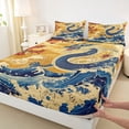 thumbnail image 4 of Feelyou Retro Chinese Dragon Full Size Sheets for Kids Boys Teens, Ukiyo Wave Blossom Bed Sheets, Gold Blue Red, 4-Piece, 4 of 5