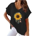 thumbnail image 2 of Fiudx Ofertas Flash Del Día Camiseta de Manga Corta con Mangas Informales de Algodón y Cáñamo con Cuello En V y Estampado de Girasoles para Mujer, 2 of 4