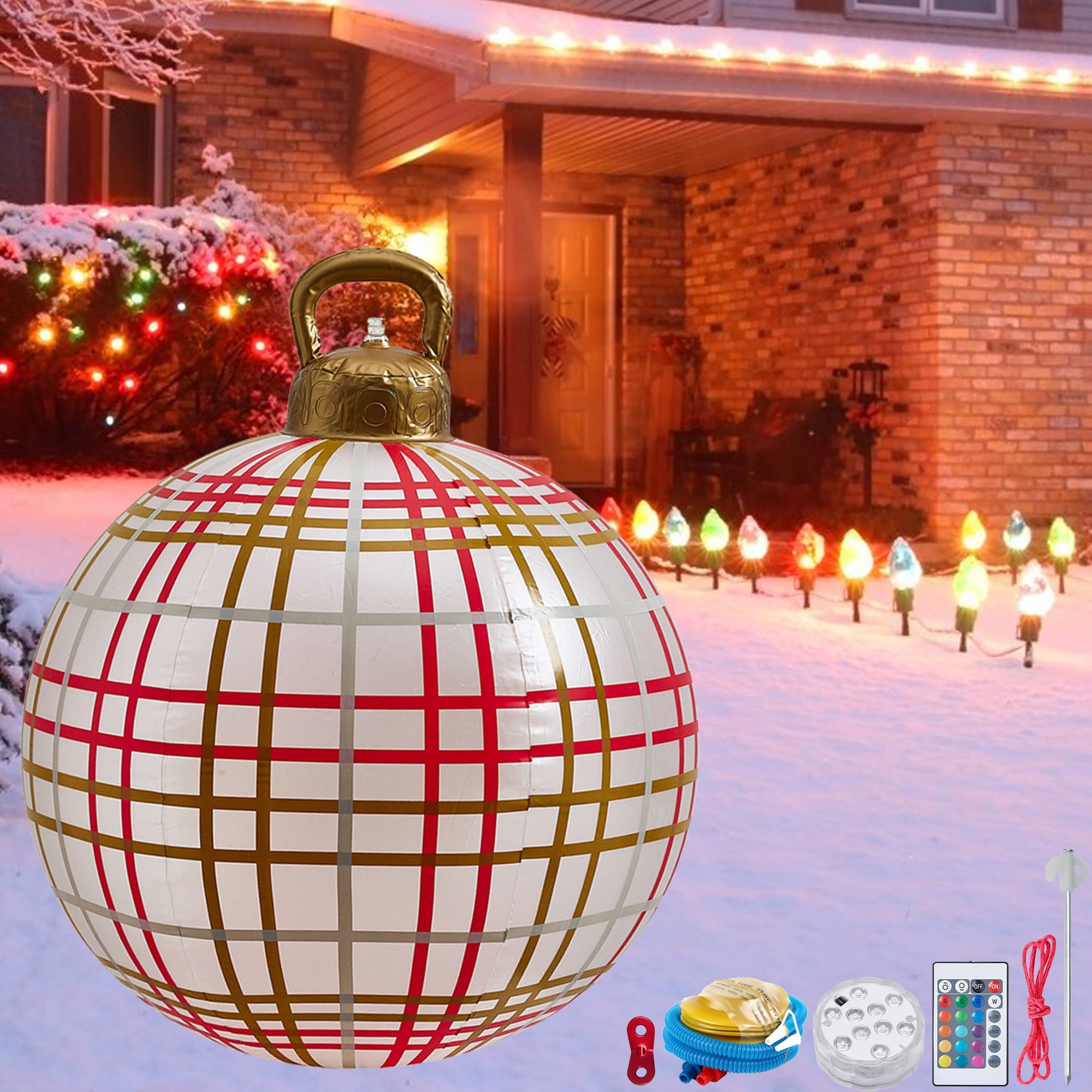 Licupiee Light Up PVC Inflatable Christmas Ball 24 Inch Large Outdoor