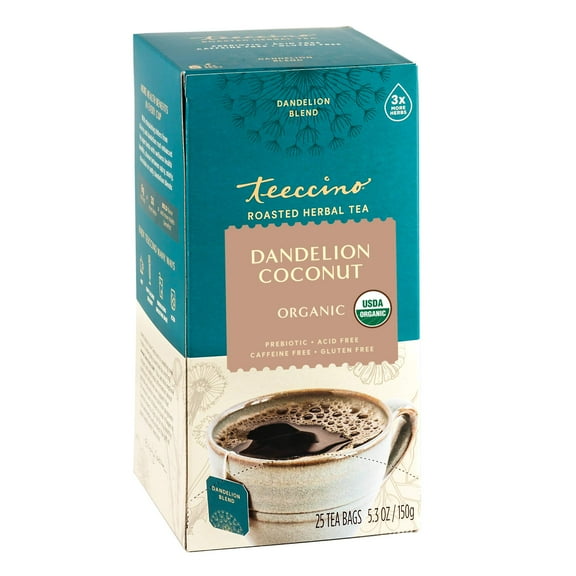 Teeccino Dandelion Tea – Coconut – Rich & Roasted Herbal Tea That’s Caffeine Free & Prebiotic with Detoxifying Dandelion Root, 25 Tea Bags