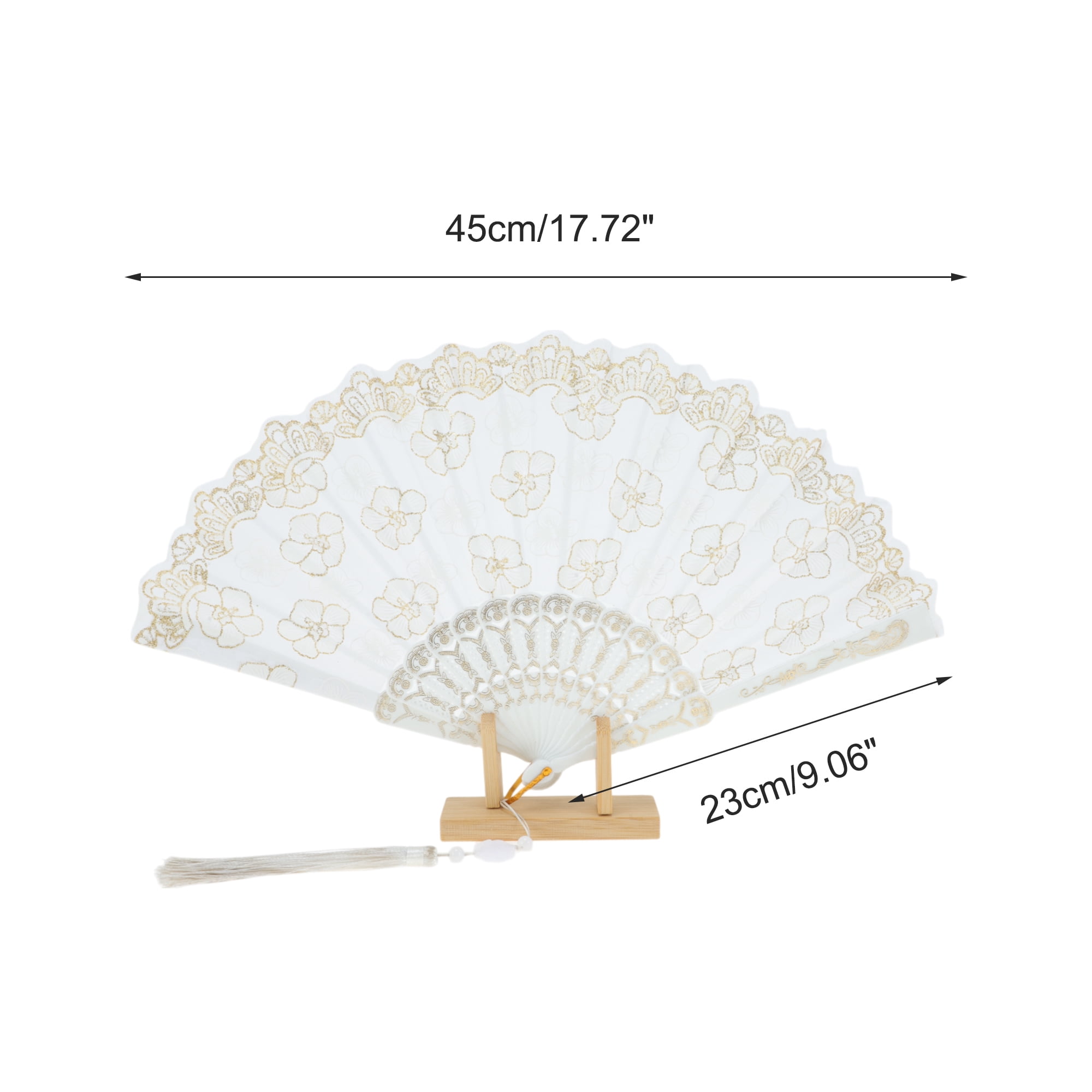 Unique Bargains Elegant Cherry Blossom With Tassel Folding Fan 1 Pc White