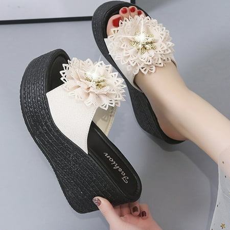 

EQWLJWE Sandals Women Casual Peep Toe High Chunky Wedge Heels Shoes Exquisite Flowers Slippers Women s Sandals Holiday Clearance