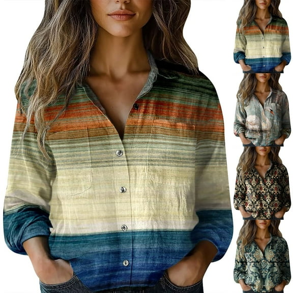 Womens Long Sleeve Casual Blouse Printed Design Button Front Comfort Fit Shirt