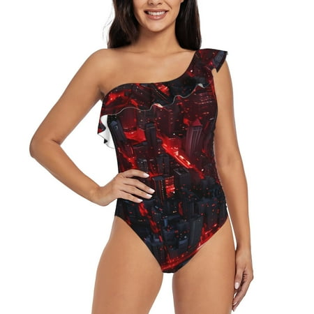 Lukts Cyberpunk Cityscape Lights Women One Piece Swimsuits Tummy Control One Shoulder Bathing Suits Ruffle Swimwear-Large
