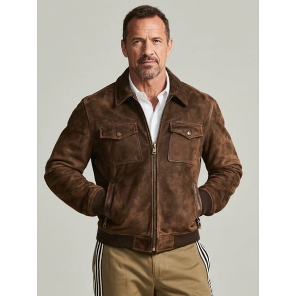 Men Vintage Brown Faux Suede Bomber Jacket Lapel Collar Full Zip Rib Cuff Fall Winter Outdoor Casual Jacket
