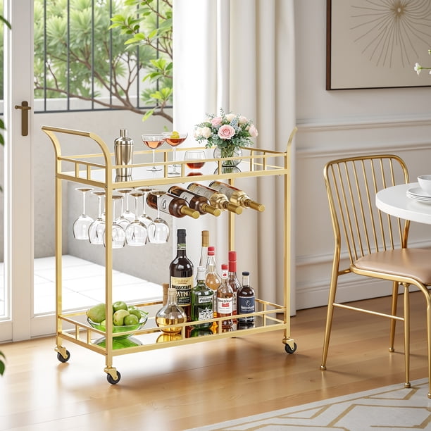VASAGLE Carro de Bebidas, Carrito de Bar, 38 x 86 x 90 cm, Carro de Servicio con 2 Estantes, para Comedor, Bar, Cocina, Dorado