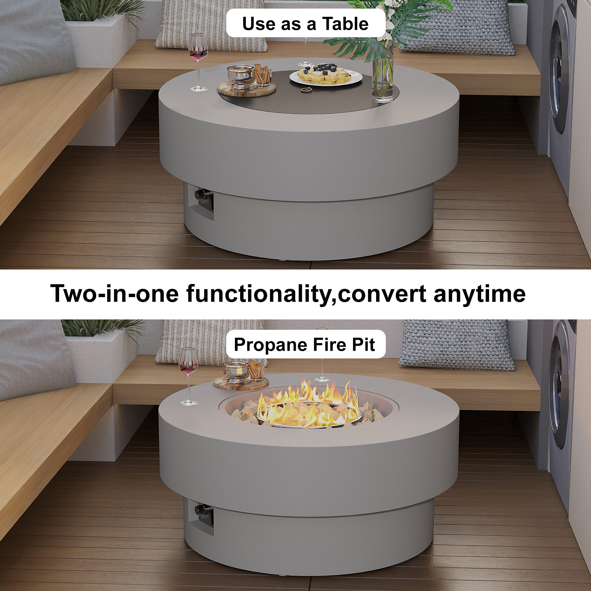 HongTaoK 32.5" Round Propane Free Fire Pit, 50K BTU Magnesium Oxide Outdoor Heater with Lava Rock, Gray