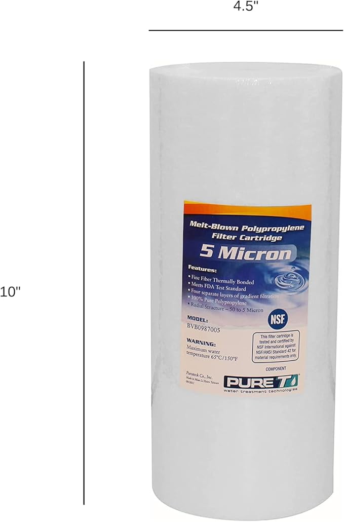 PureT BVB0987005 10x4.5" Water Sediment Filter - NSF Certified - Spun Poly Filter Removes Sediment and Other Organic Debris (5 u Micron Rated)