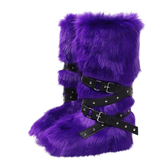 COM1950s Bottes pour Femmes, Bottes d'Hiver Chaudes pour Femmes, Talon Plat Haut, Style Fille Épicée, Plus Velours, Tête Ronde, Tube Moyen, Design à Sangle, Bottes de Neige pour Femmes, Bottes d'Hiver pour Femmes