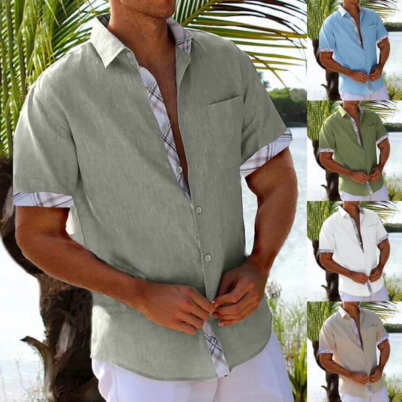 Sakmal Short Sleeve Button Down Shirts for Men Summer Linen Tshirts Solid Blue Mens Shirts L
