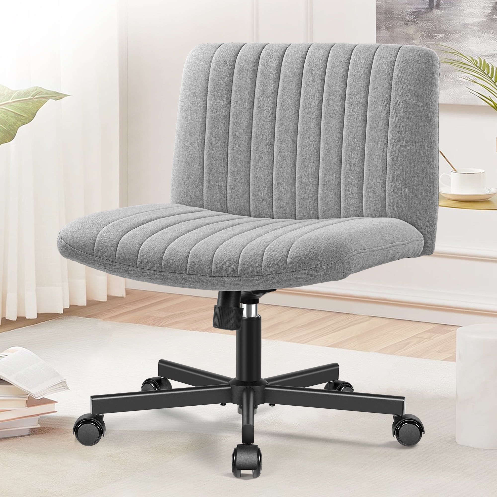 COOLHUT Office Chair Armless Criss Cross Legged Chair with Wheels, Linen Fabric Comfy Home Office Desk Chairs, Wide Seat Vanity Task Computer Chair, Light Gray