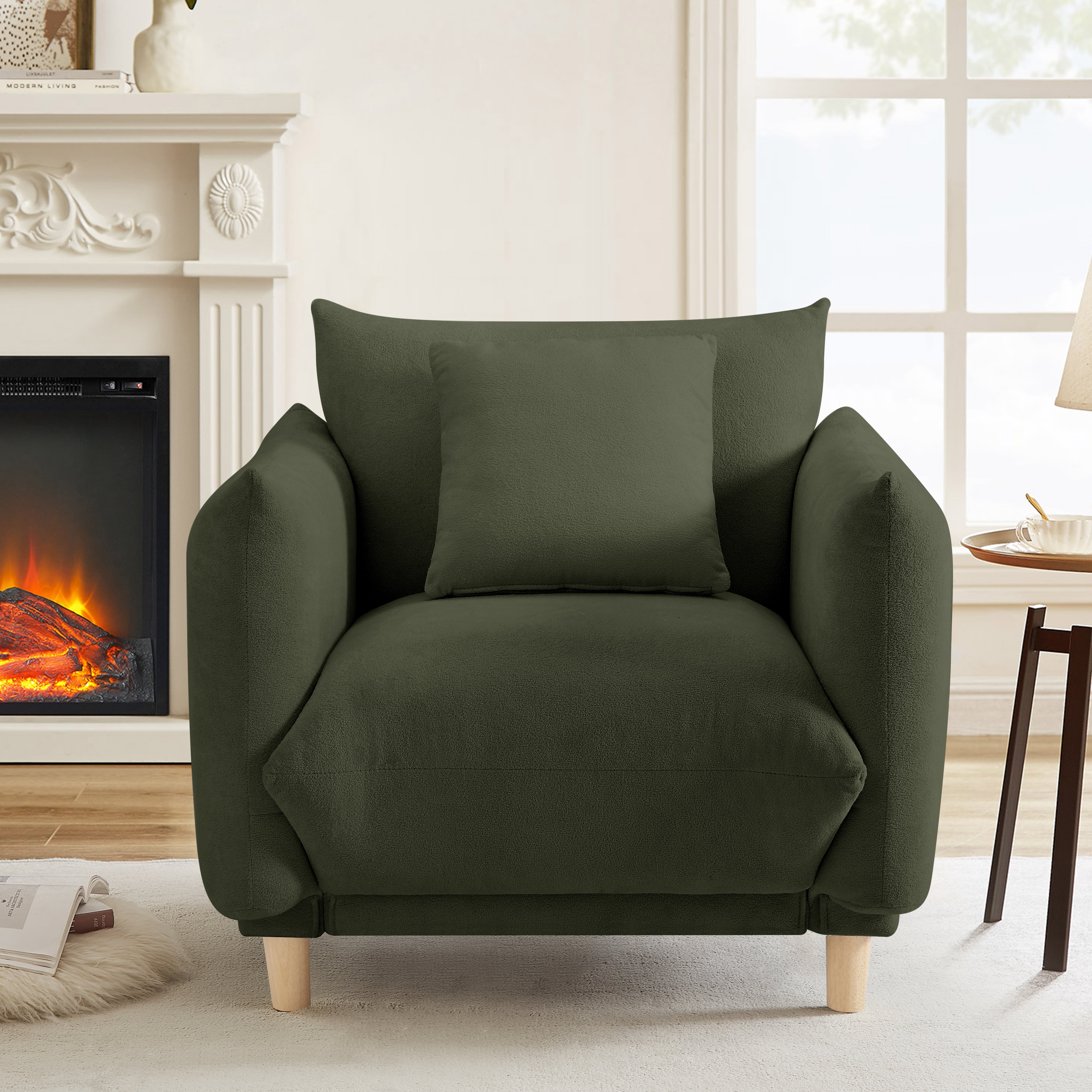 Oversize Accent Chairs for Living Room,Comfy Towelling Fabric Upholstered Armchair,Mid Century Modern Reading Arm Chair Single Sofa Chair with Wood Legs for Living Room Bedroom Playroom,Dark Green