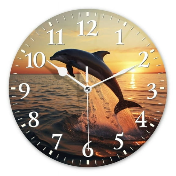 Personalized Wall Clock Non-Ticking Silent Clocks Battery Operated Round Clocks Decorative for Bathroom,Office-Dolphin Jumping Out Of The Water At Sunset (2)(12inch)