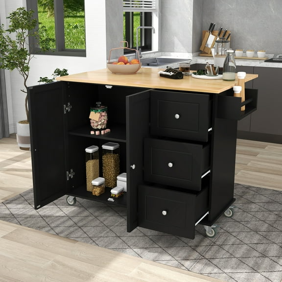 52.7" Rolling Kitchen Island with Solid Wood Top, Drop Leaf Breakfast Bar, Storage Cabinet, Spice Rack, Towel Bar & Drawers, Mobile Kitchen Cart with Locking Wheels, Black