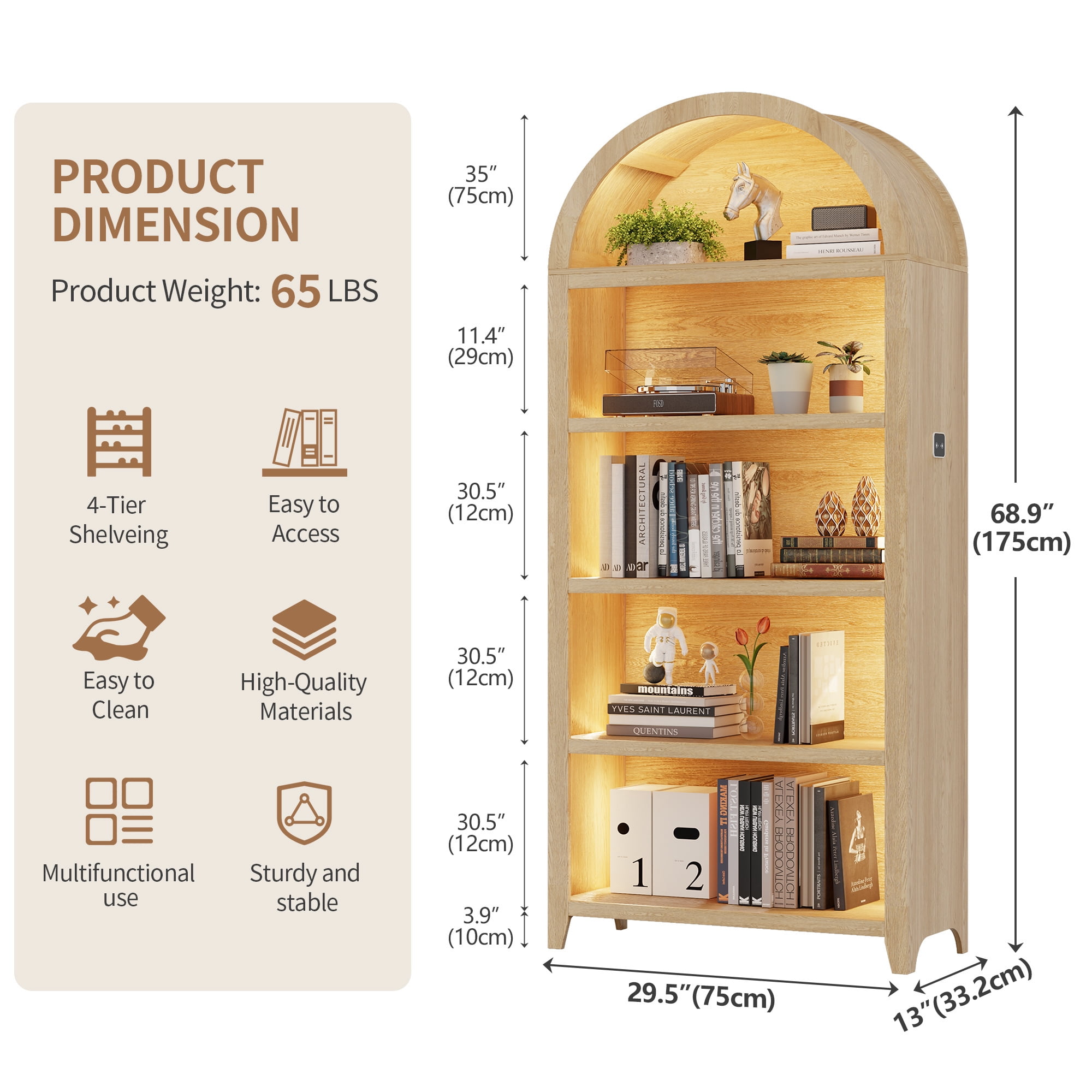 VKCC 68.9" Arched LED Bookcase with 5 Shelves, Modern Bookshelf for Living Room Office, Wood